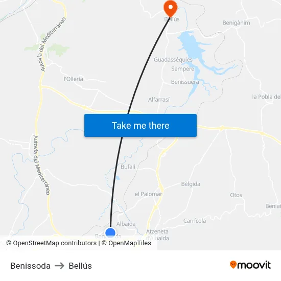 Benissoda to Bellús map