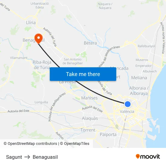 Sagunt to Benaguasil map