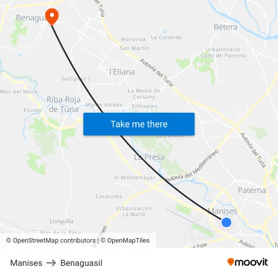 Manises to Benaguasil map