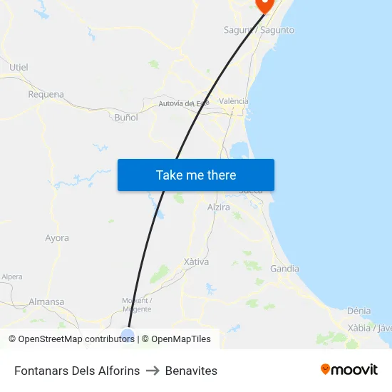 Fontanars Dels Alforins to Benavites map