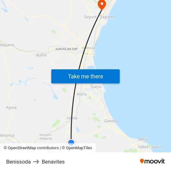 Benissoda to Benavites map