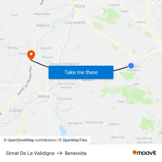 Simat De La Valldigna to Beneixida map