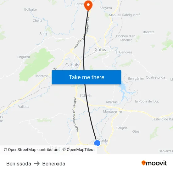 Benissoda to Beneixida map