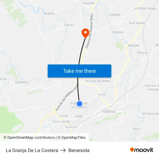 La Granja De La Costera to Beneixida map
