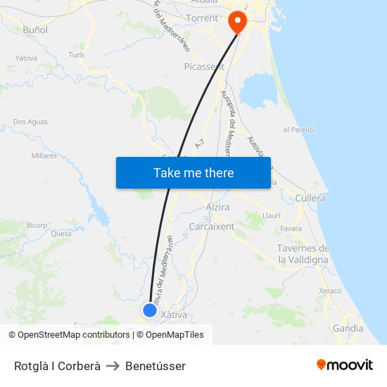 Rotglà I Corberà to Benetússer map