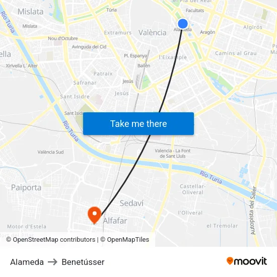 Alameda to Benetússer map