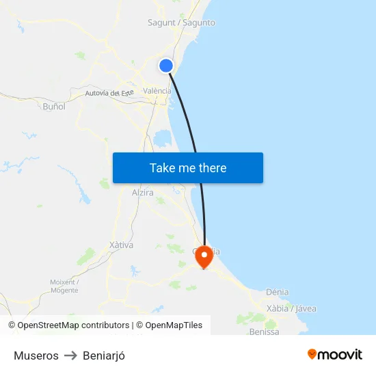 Museros to Beniarjó map