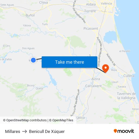 Millares to Benicull De Xúquer map
