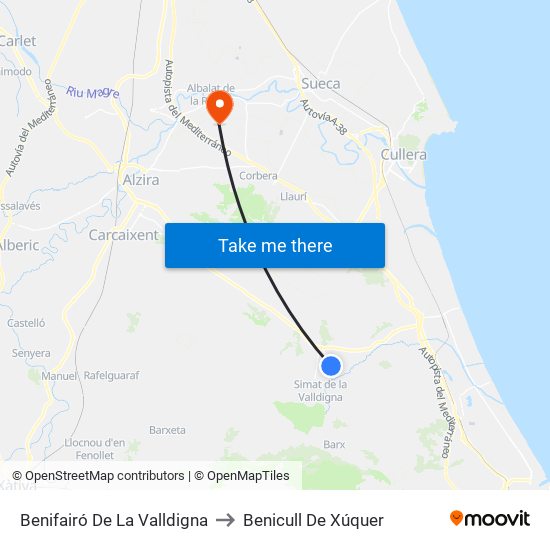 Benifairó De La Valldigna to Benicull De Xúquer map