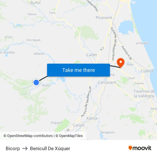 Bicorp to Benicull De Xúquer map