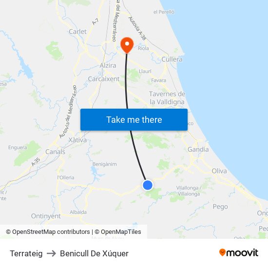 Terrateig to Benicull De Xúquer map