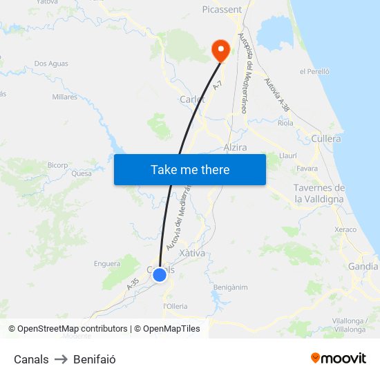 Canals to Benifaió map