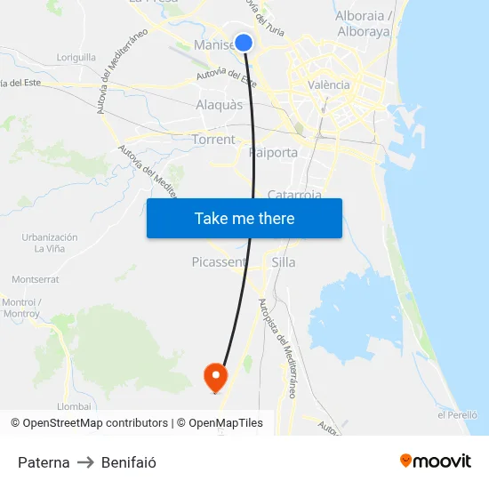 Paterna to Benifaió map