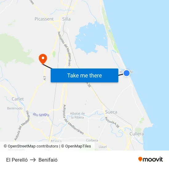 El Perelló to Benifaió map