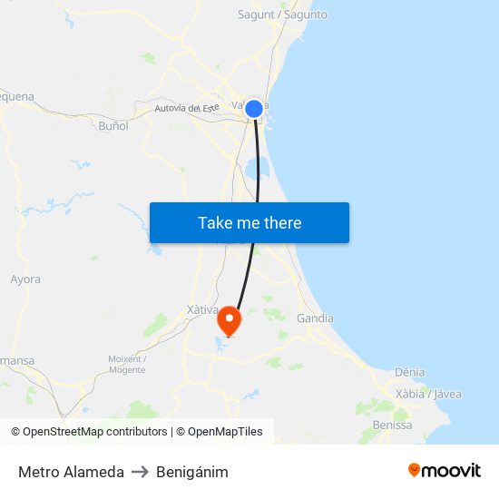 Metro Alameda to Benigánim map