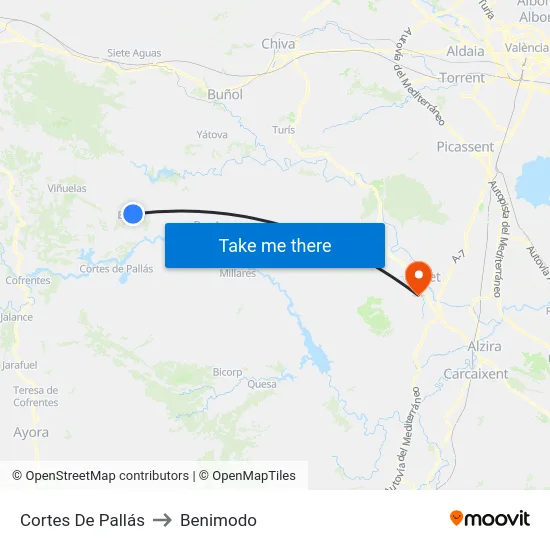 Cortes De Pallás to Benimodo map