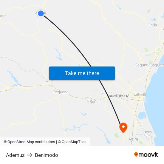 Ademuz to Benimodo map