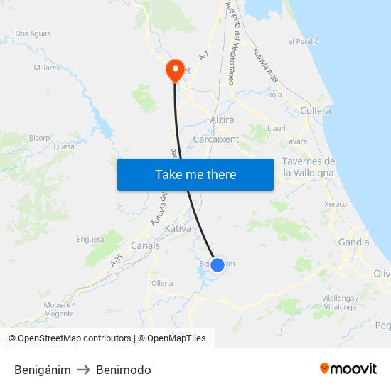 Benigánim to Benimodo map