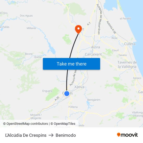 L'Alcúdia De Crespins to Benimodo map