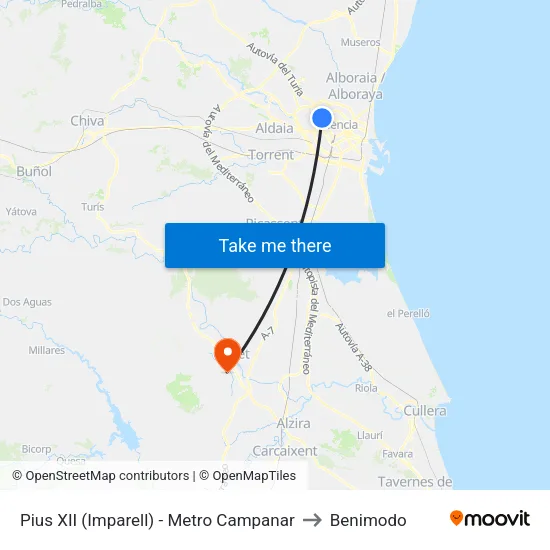 Pius XII (Imparell) - Metro Campanar to Benimodo map