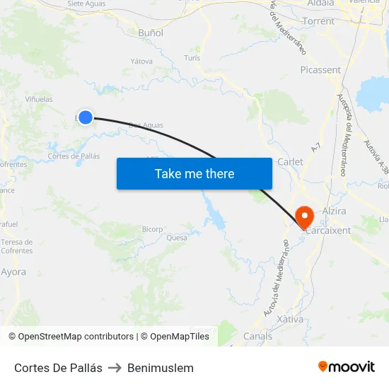 Cortes De Pallás to Benimuslem map