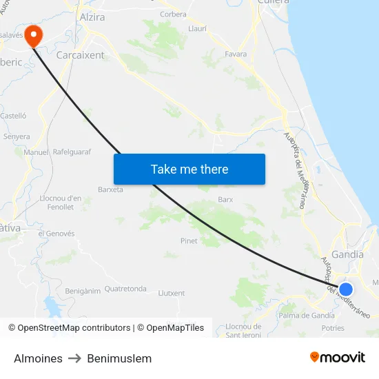 Almoines to Benimuslem map