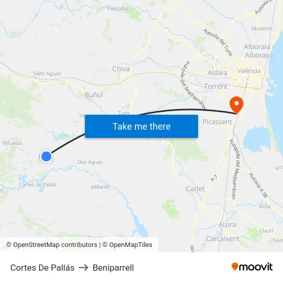 Cortes De Pallás to Beniparrell map