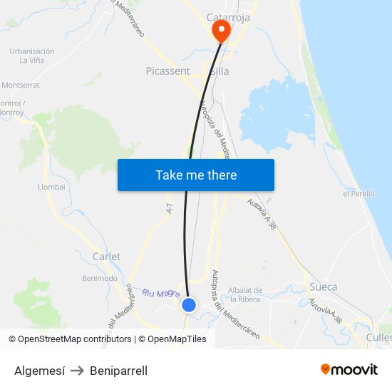 Algemesí to Beniparrell map