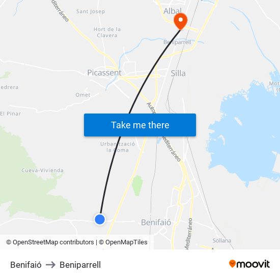 Benifaió to Beniparrell map
