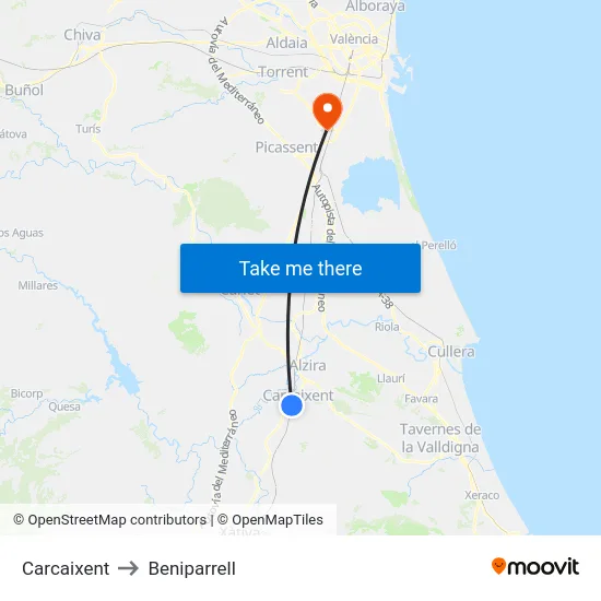 Carcaixent to Beniparrell map