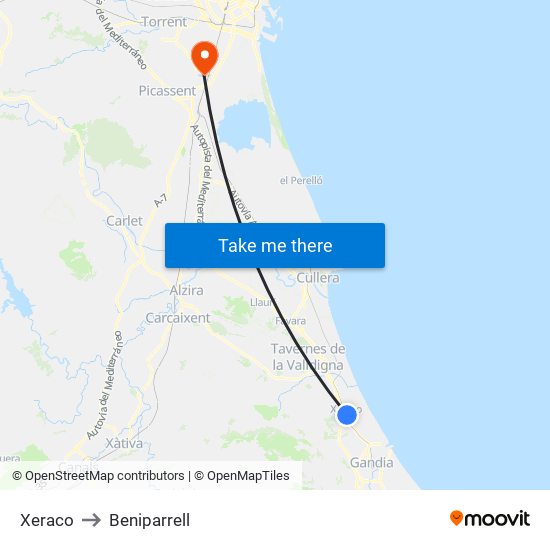 Xeraco to Beniparrell map