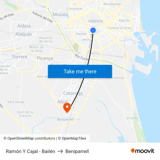 València. Ramón Y Cajal - Bailén / Andana 2 to Beniparrell map
