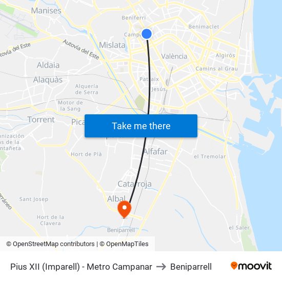 Pius XII (Imparell) - Metro Campanar to Beniparrell map