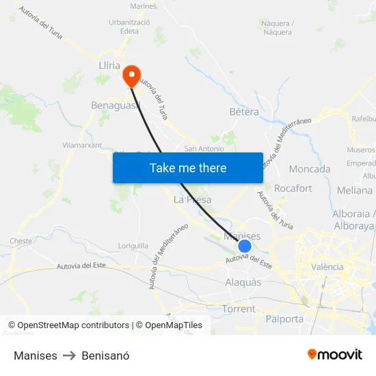 Manises to Benisanó map