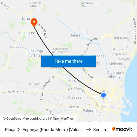 Plaça De Espanya (Parada Metro) [València] to Benisanó map