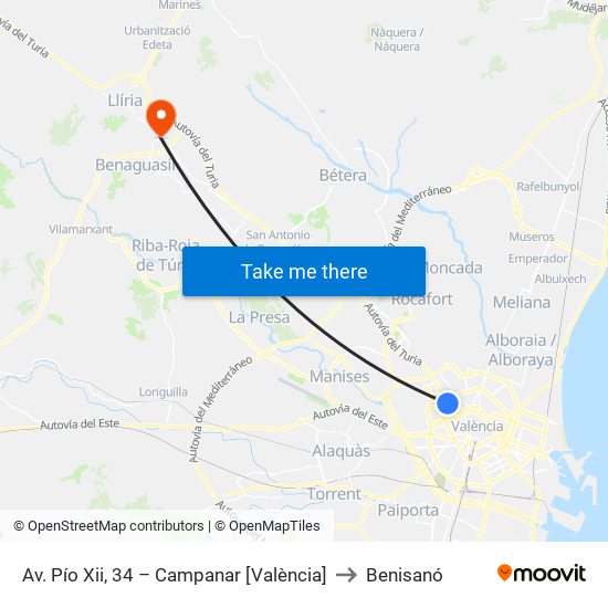 Av. Pío Xii, 34 – Campanar [València] to Benisanó map