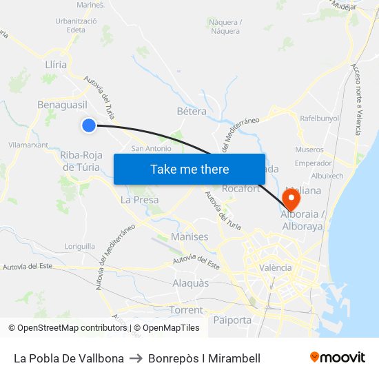 La Pobla De Vallbona to Bonrepòs I Mirambell map
