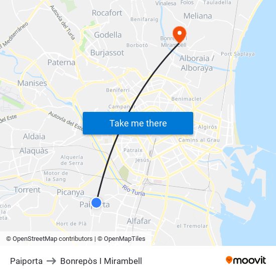 Paiporta to Bonrepòs I Mirambell map