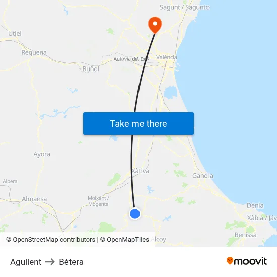 Agullent to Bétera map