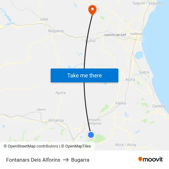 Fontanars Dels Alforins to Bugarra map