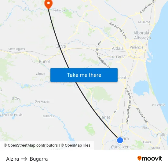 Alzira to Bugarra map