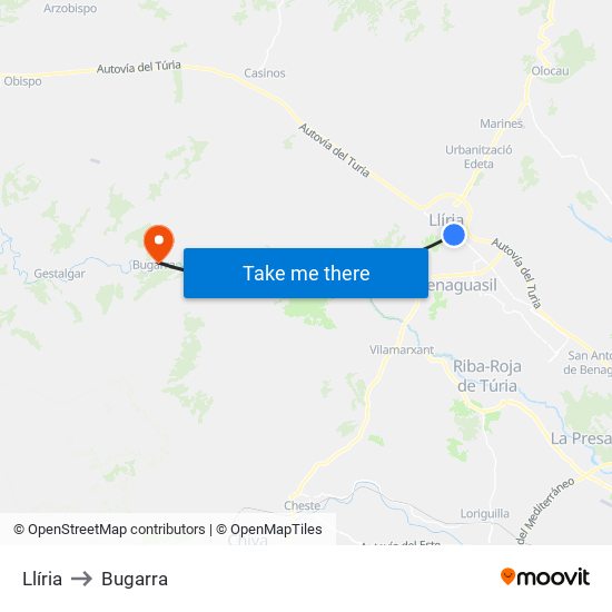 Llíria to Bugarra map