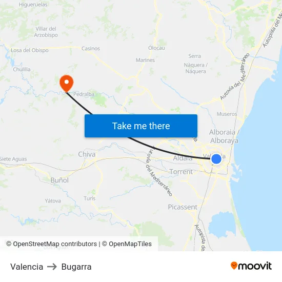 Valencia to Bugarra map