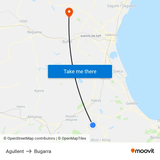 Agullent to Bugarra map