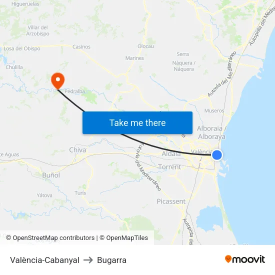 València-Cabanyal to Bugarra map