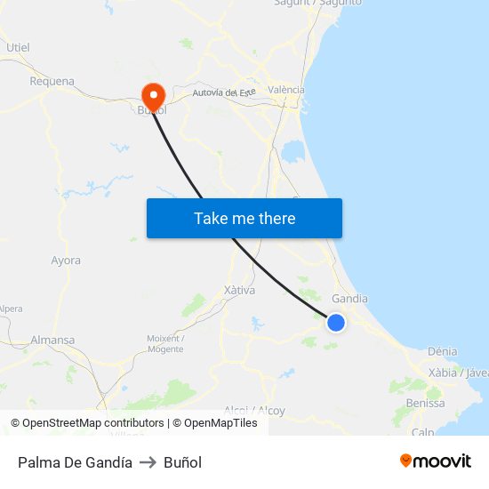 Palma De Gandía to Buñol map
