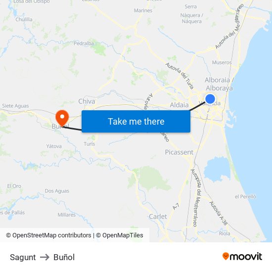 Sagunt to Buñol map