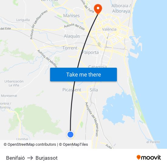 Benifaió to Burjassot map