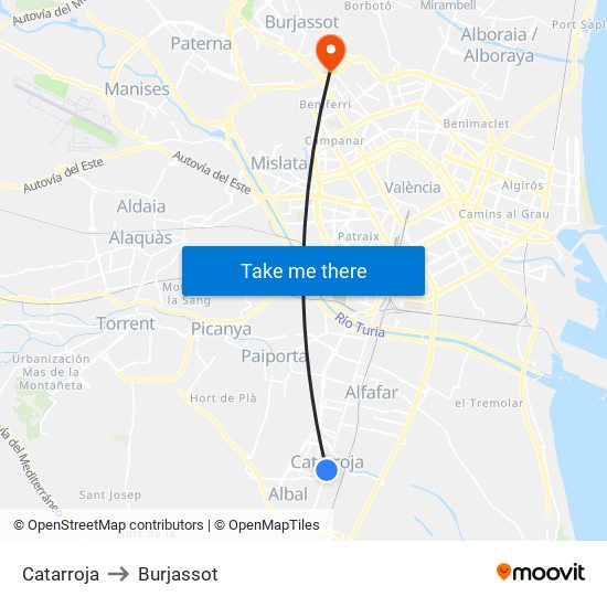Catarroja to Burjassot map