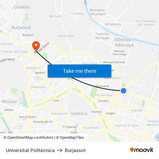 Universitat Politècnica to Burjassot map